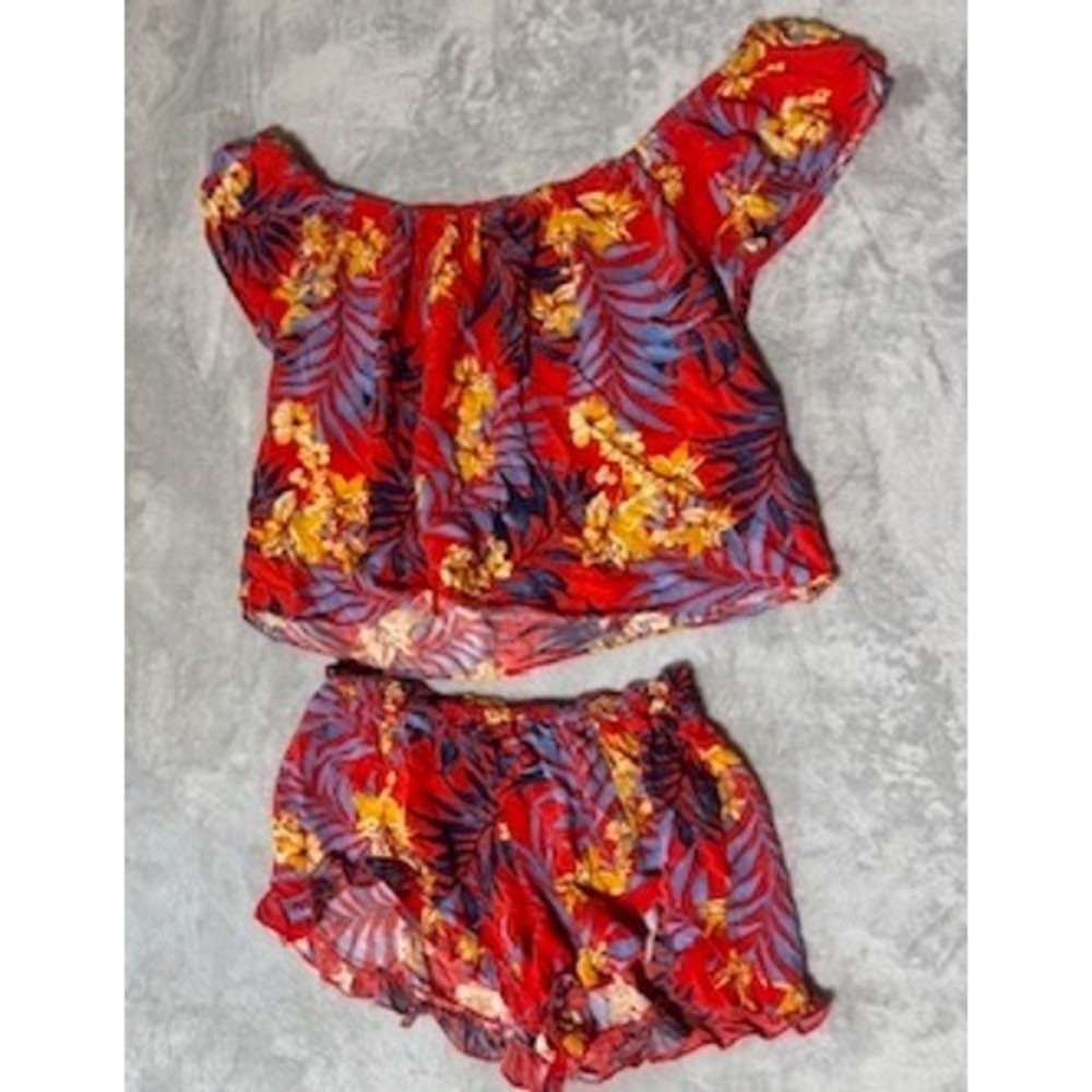 Rip Curl Short Set Red Tropical Floral Vacation Beach Cruise Yacht Large